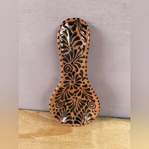 Hand-Painted Talavera Terracotta Spoon Rest  with Black Floral